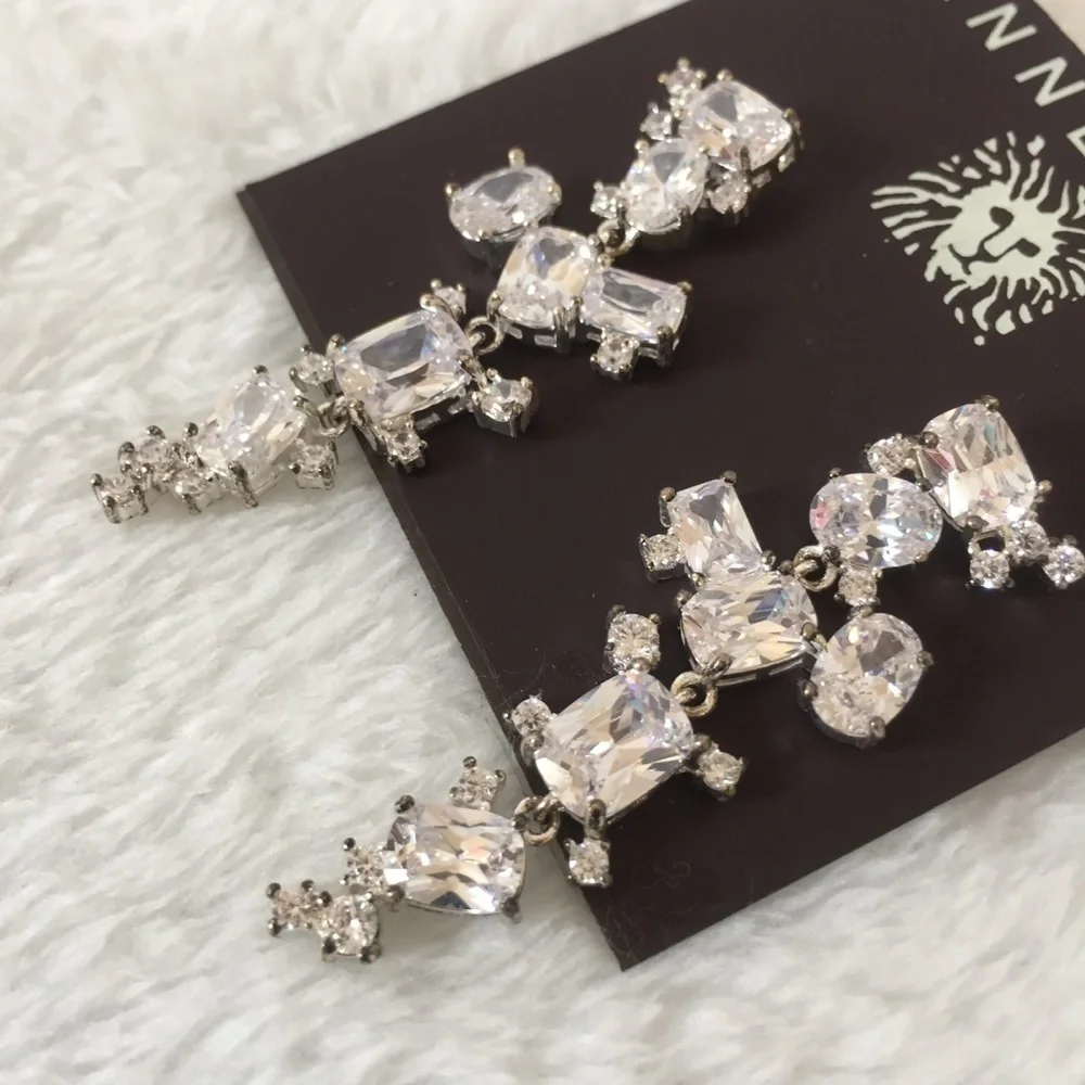 ANNE KLEIN Long Dangling Crystal Link Silver Tone